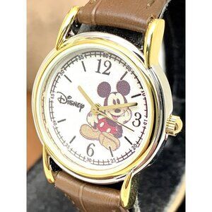 Disney Mickey Mouse Women's Watch White Dial Brown Leather Band Quartz W000551